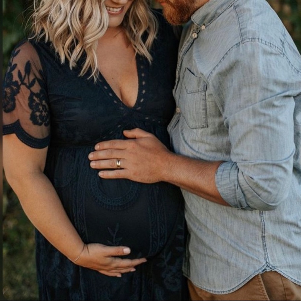 PinkBlush Navy Blue Lace Mesh Overlay Maternity Maxi Dress